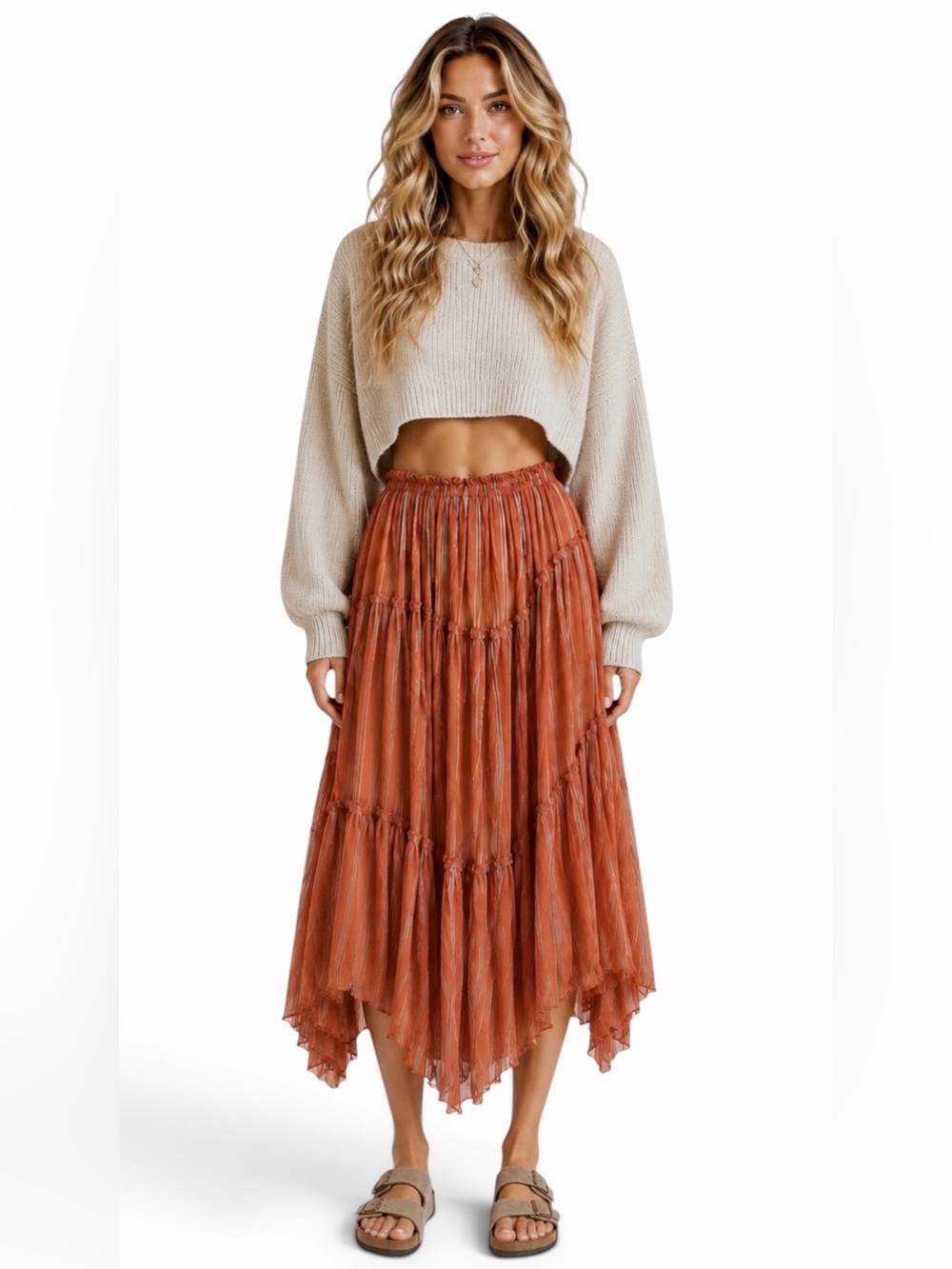 Free People FP One – Ember Printed Midi Skirt – Terracotta / Gray Stripe – Sz. M